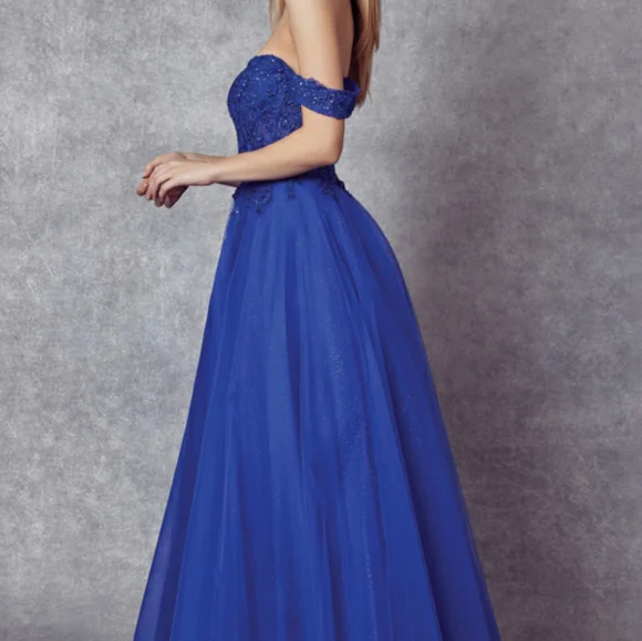 New long navy, royal, yellow, off the shoulder embroidered tulle ball gown dress - Picture 12 of 13